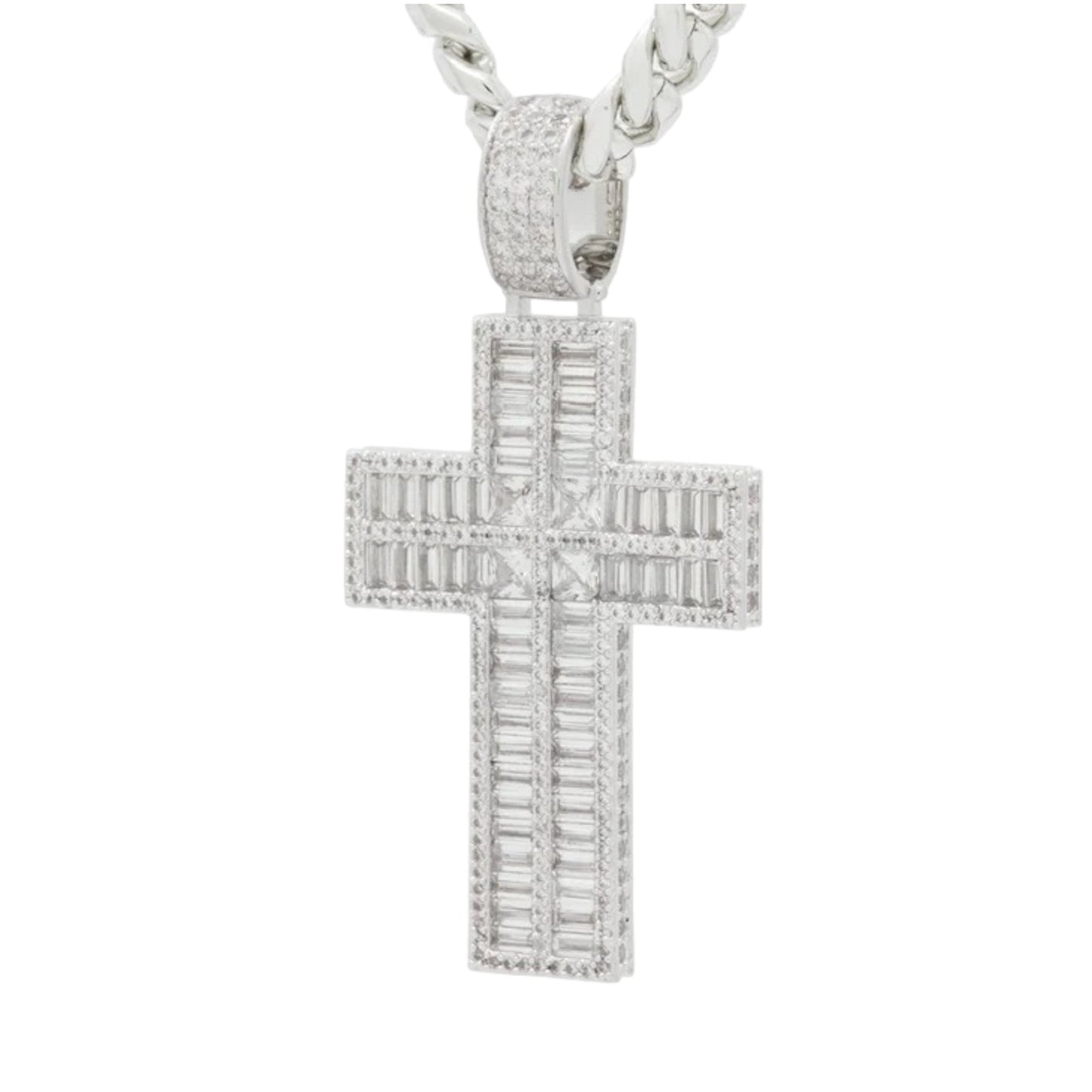 KING ICE: Baguette Cut Cross Necklace