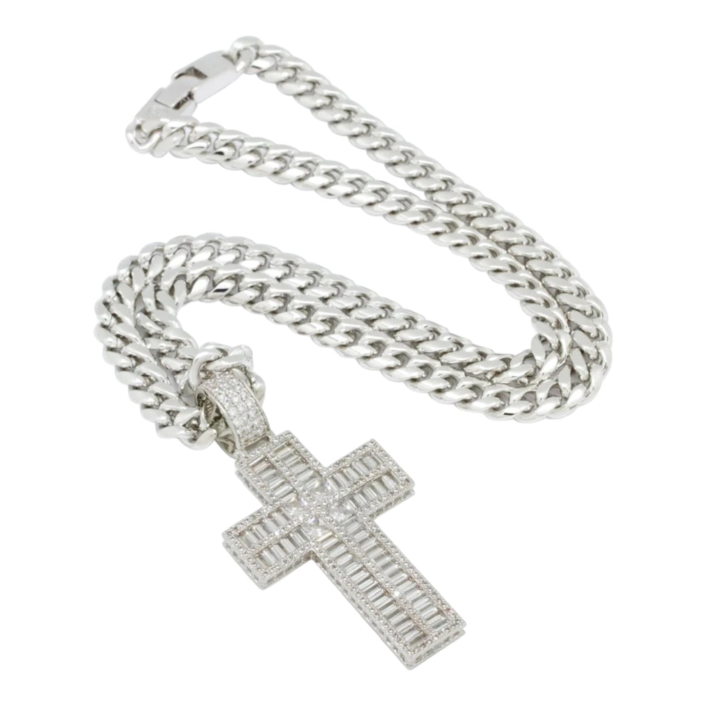 KING ICE: Baguette Cut Cross Necklace