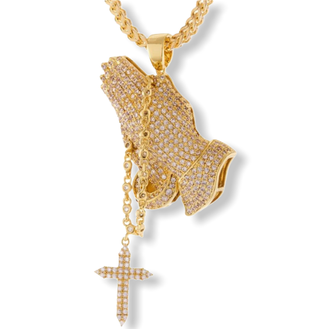 KING ICE: 14K Rosary Praying Hands Necklace - On Time Fashions Tuscaloosa