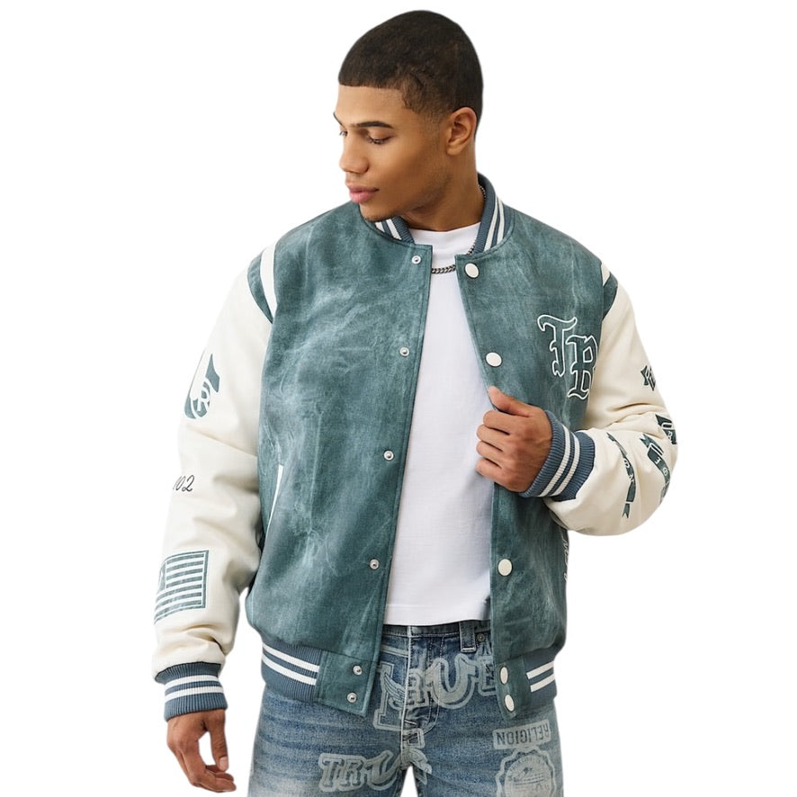 TRUE RELIGION: Denim Print Varsity Jacket 109881