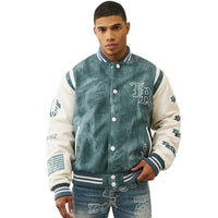 TRUE RELIGION: Denim Print Varsity Jacket 109881