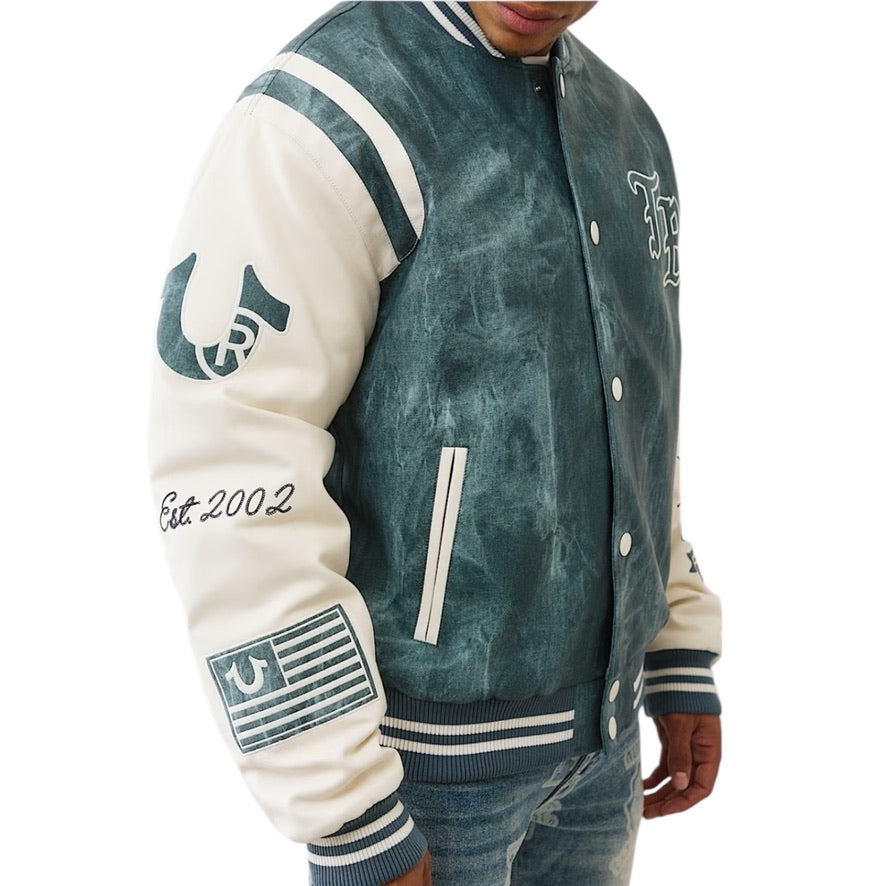 TRUE RELIGION: Denim Print Varsity Jacket 109881