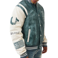 TRUE RELIGION: Denim Print Varsity Jacket 109881