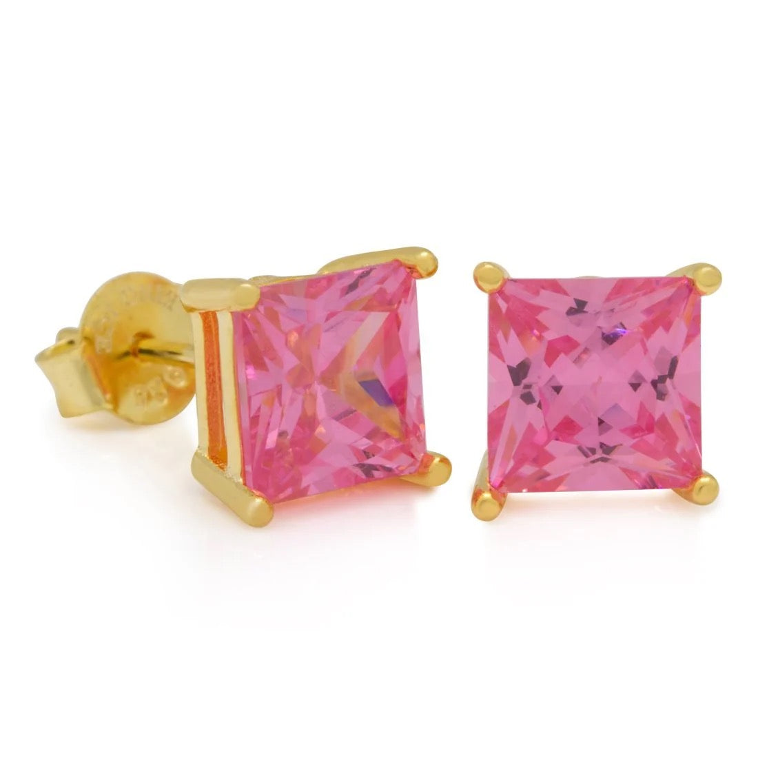 KING ICE: Pink Princess Cut Stud Earrings