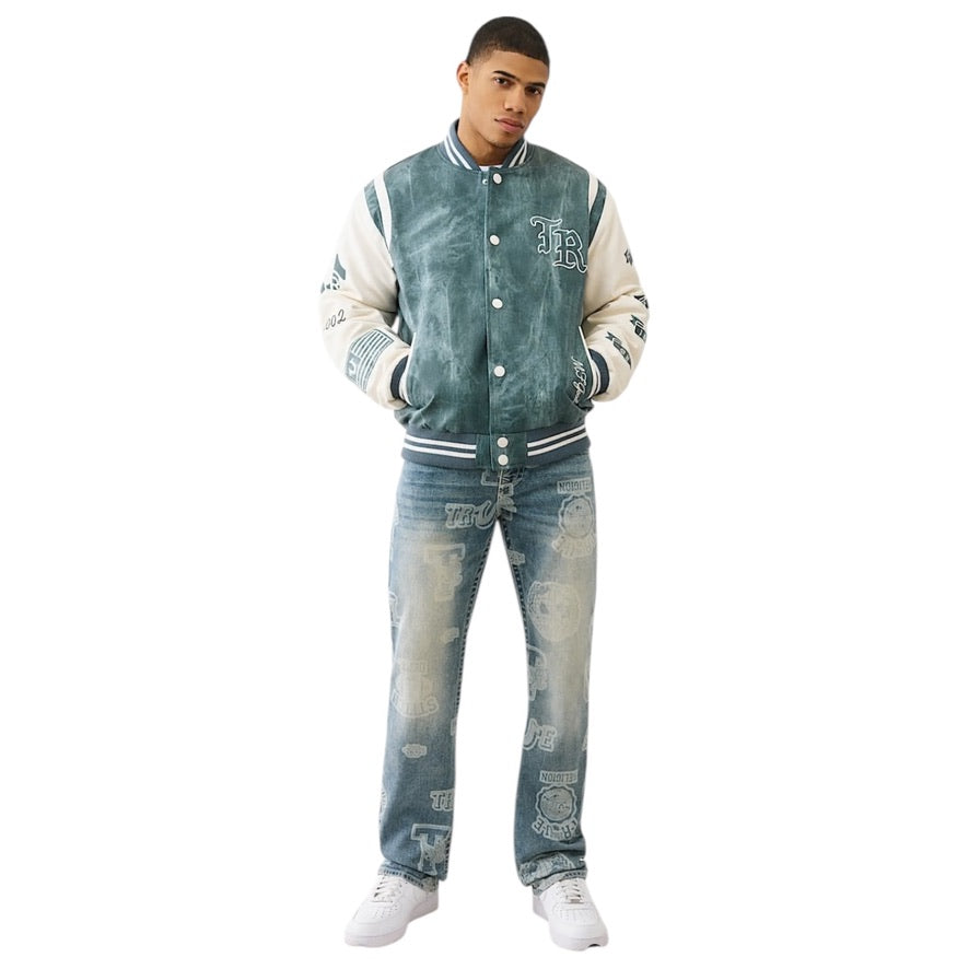 TRUE RELIGION: Denim Print Varsity Jacket 109881