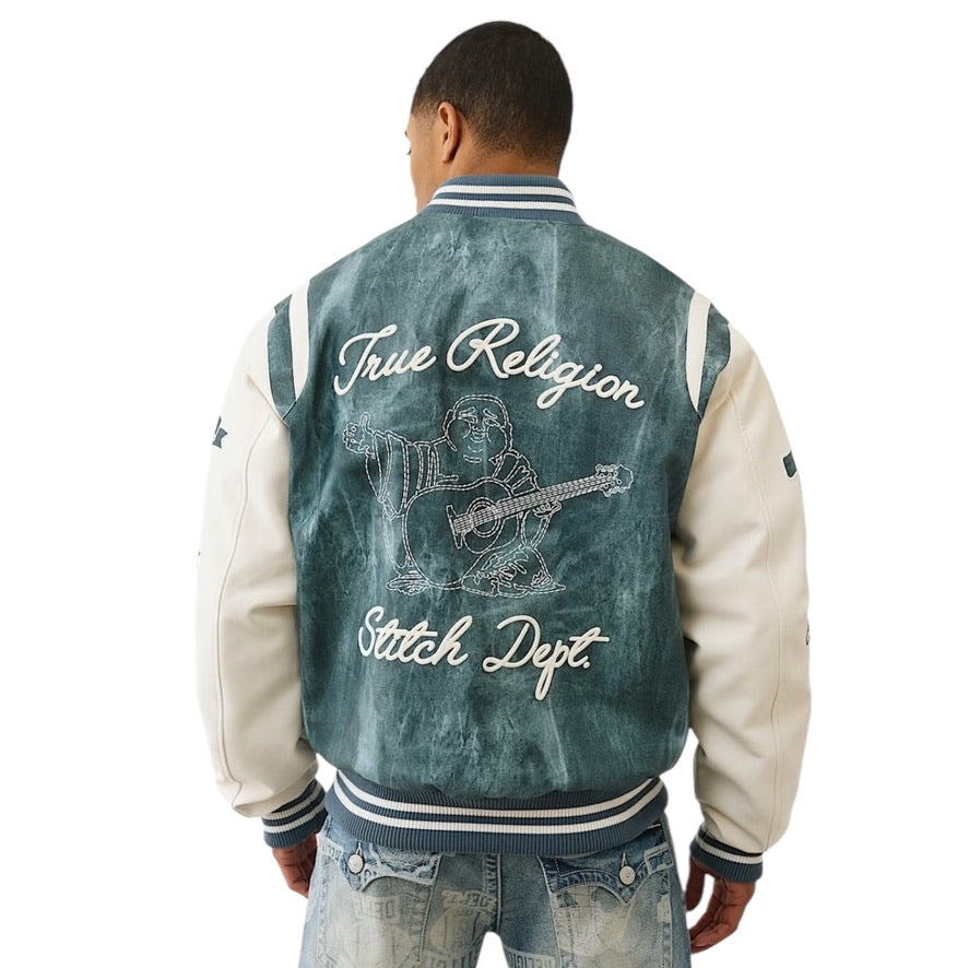 TRUE RELIGION: Denim Print Varsity Jacket 109881
