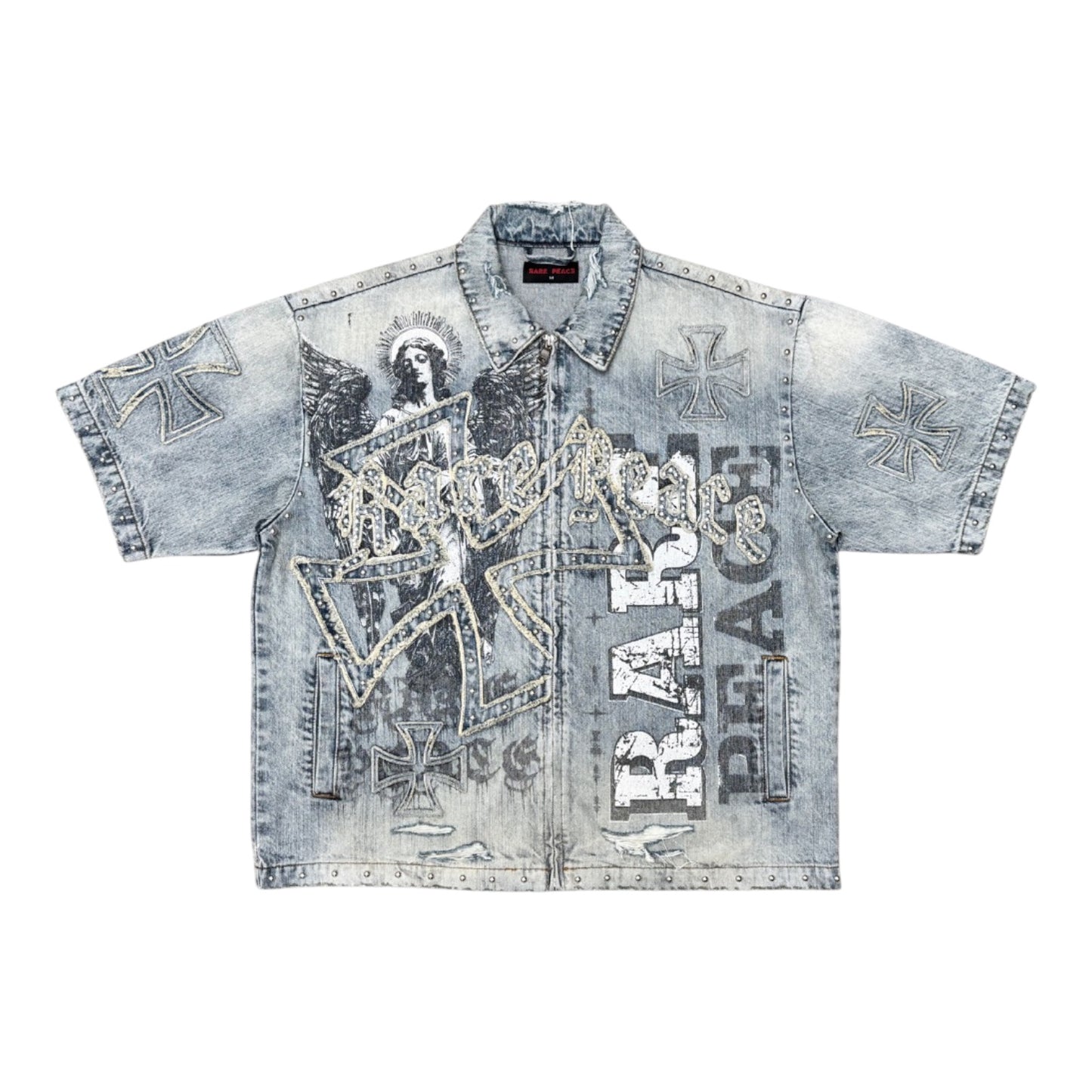 RARE PEACE: Zip Down Rhinestone Denim Top RJ6063
