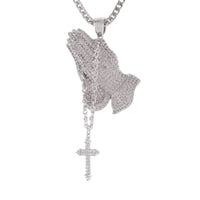 KING ICE: 14K Rosary Praying Hands Necklace