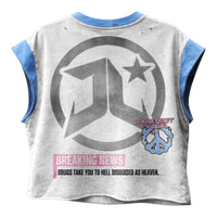 On Time Fashions JETLYFE 1-800-help sleeveless top in white with blue trim and graphic print back detail.