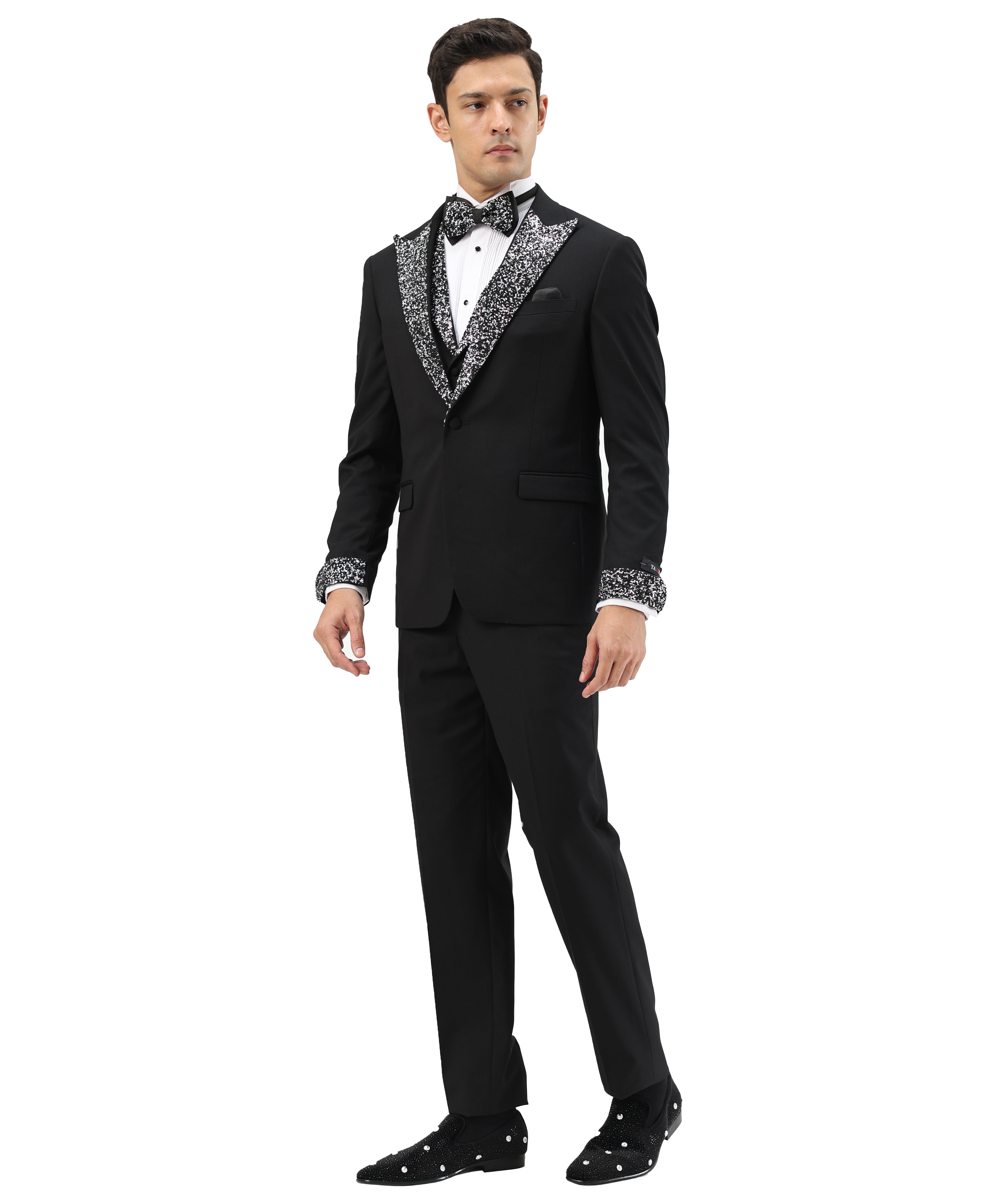 3 PC Solid Satin Rhinestone Peak Lapel Collared Vest Suit