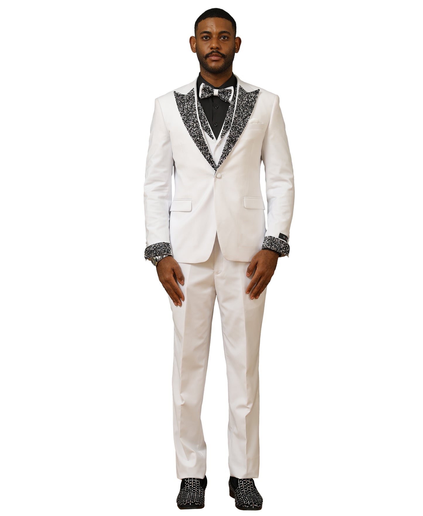 3 PC Solid Satin Rhinestone Peak Lapel Collared Vest Suit