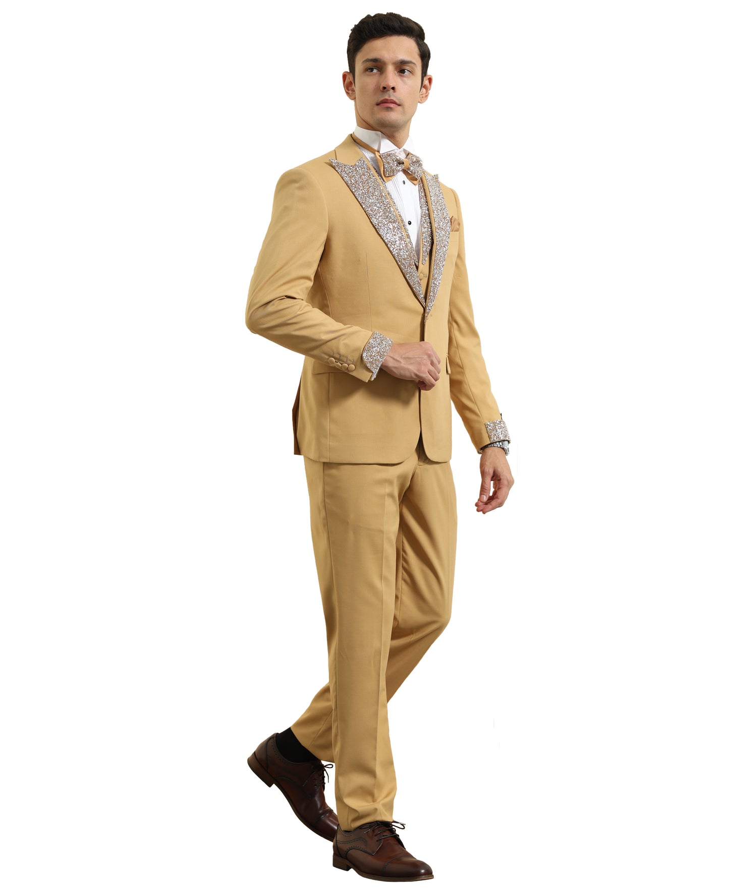 3 PC Solid Satin Rhinestone Peak Lapel Collared Vest Suit