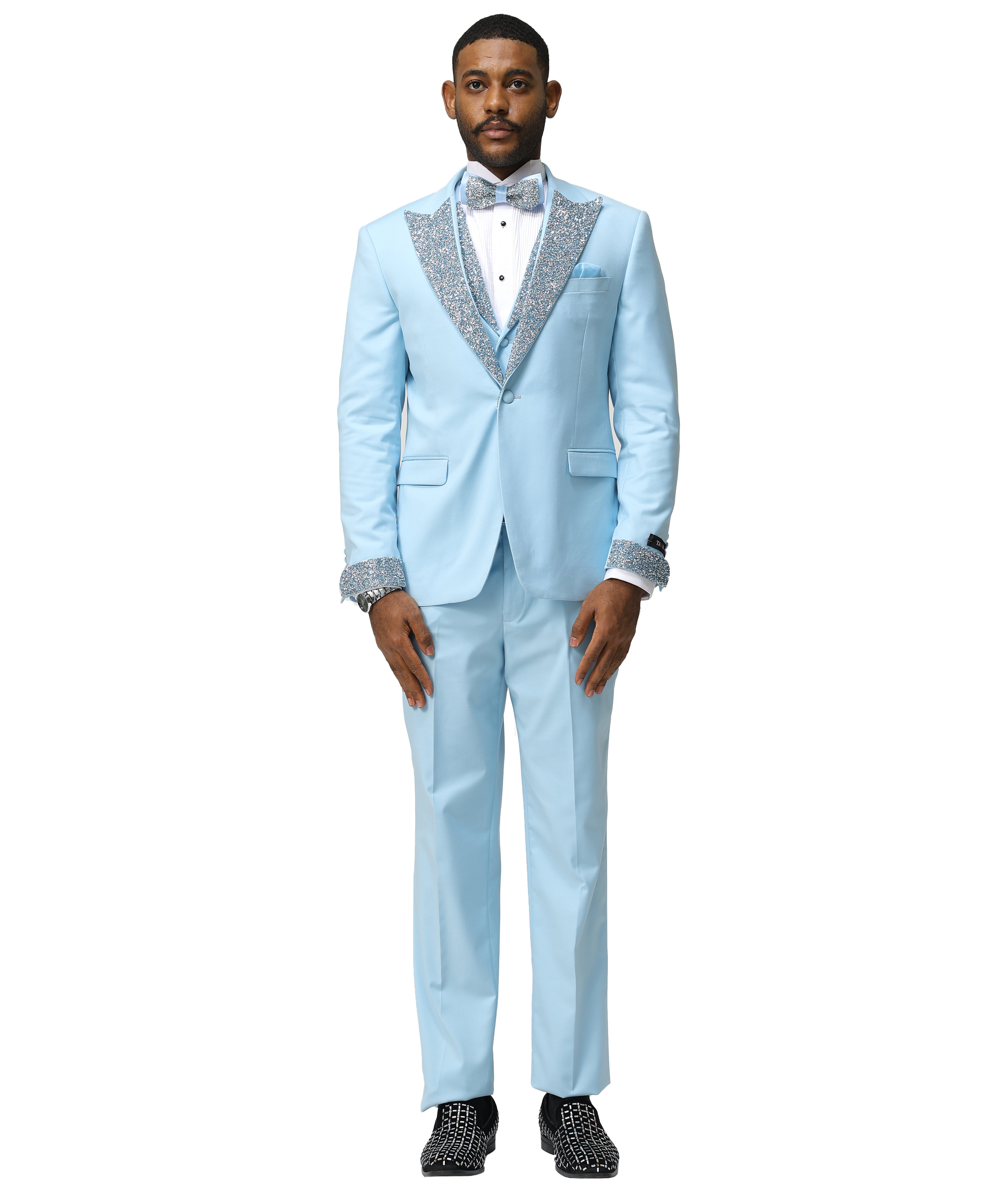 3 PC Solid Satin Rhinestone Peak Lapel Collared Vest Suit