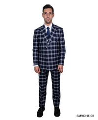 Stacy Adams Hybrid Fit Double-Breast Suit, Navy Blue & White Plaid - Julinie