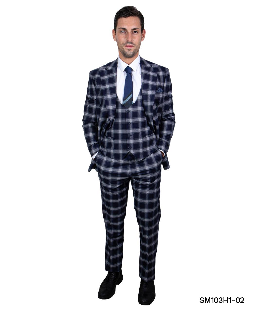 Stacy Adams Hybrid Fit Double-Breast Suit, Navy Blue & White Plaid - Julinie