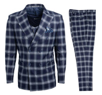 Stacy Adams Hybrid Fit Double-Breast Suit, Navy Blue & White Plaid - Julinie