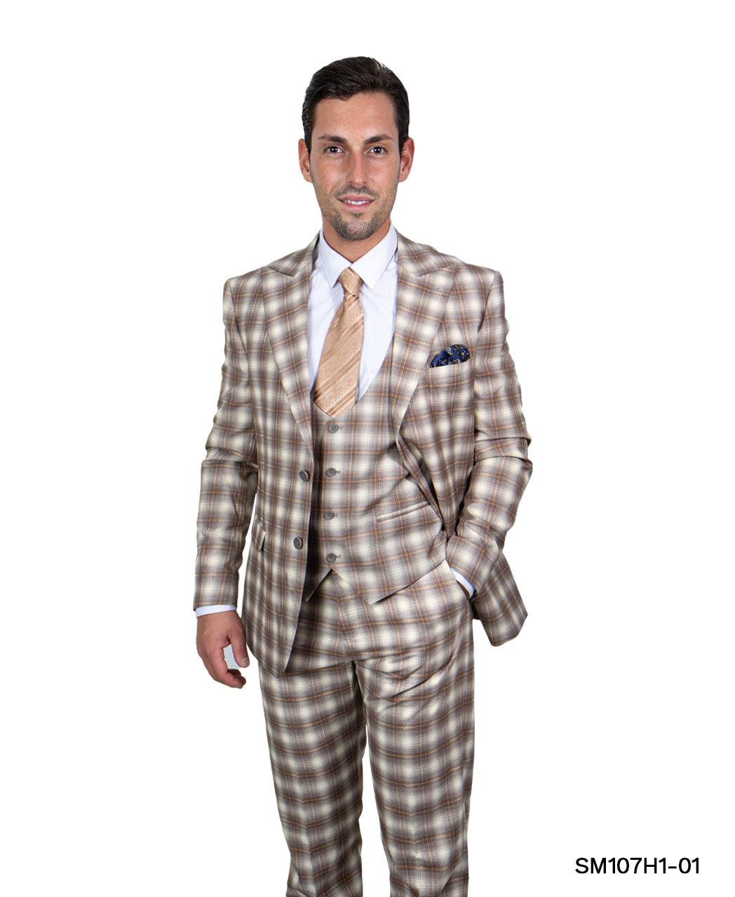 Stacy Adams Hybrid Fit Suit, Plaid Tan & Brown - Julinie