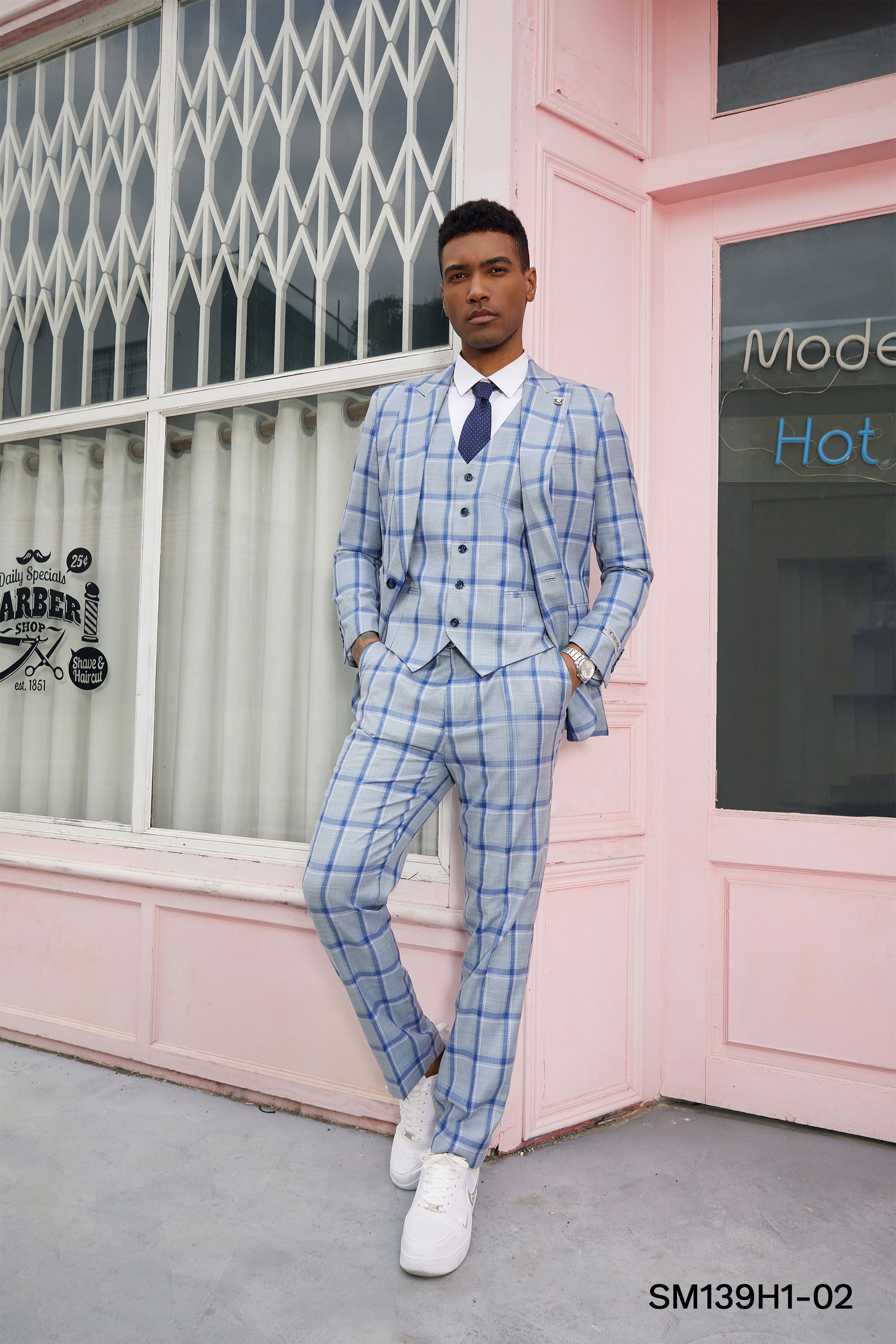 Stacy Adams Hybrid Fit 3-Piece Suit, Plaid Sky Blue