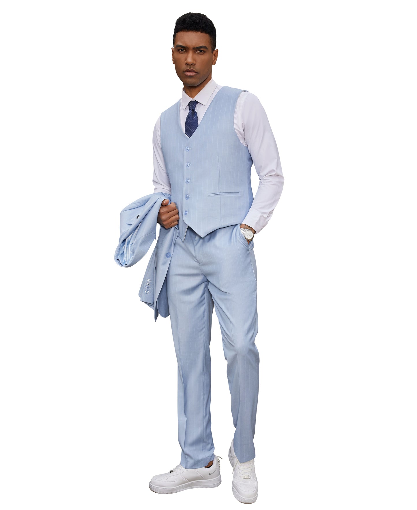 Stacy Adams Hybrid-Fit Vested Suit, Light Blue Pinstriped