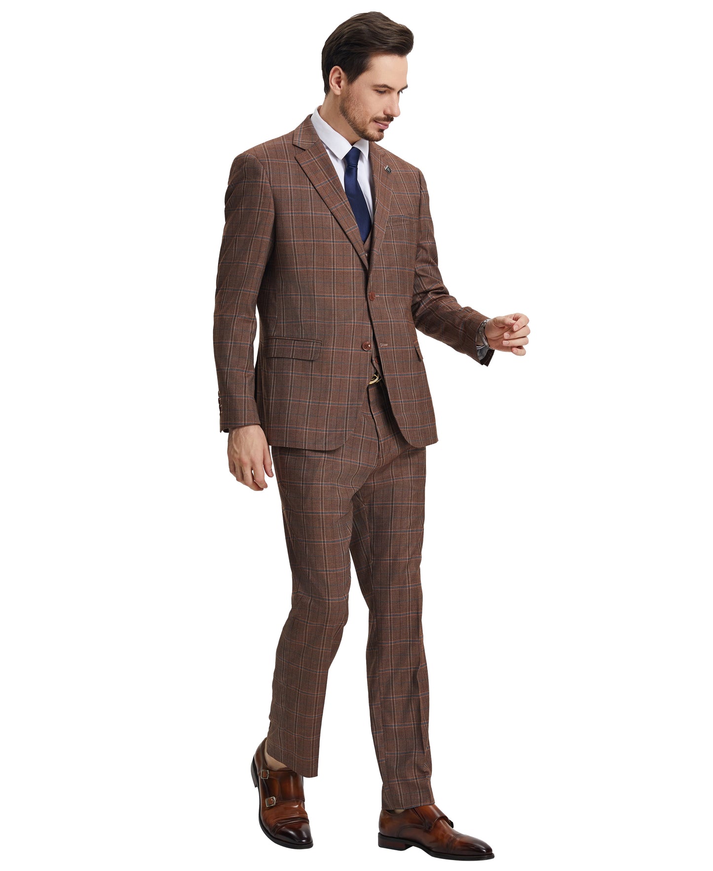 Stacy Adams Hybrid-Fit Vested Suit, Brown Plaid