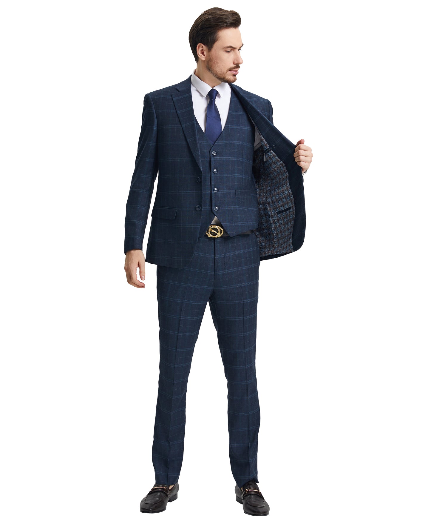 Stacy Adams Hybrid-Fit Vested Suit, Plaid Navy