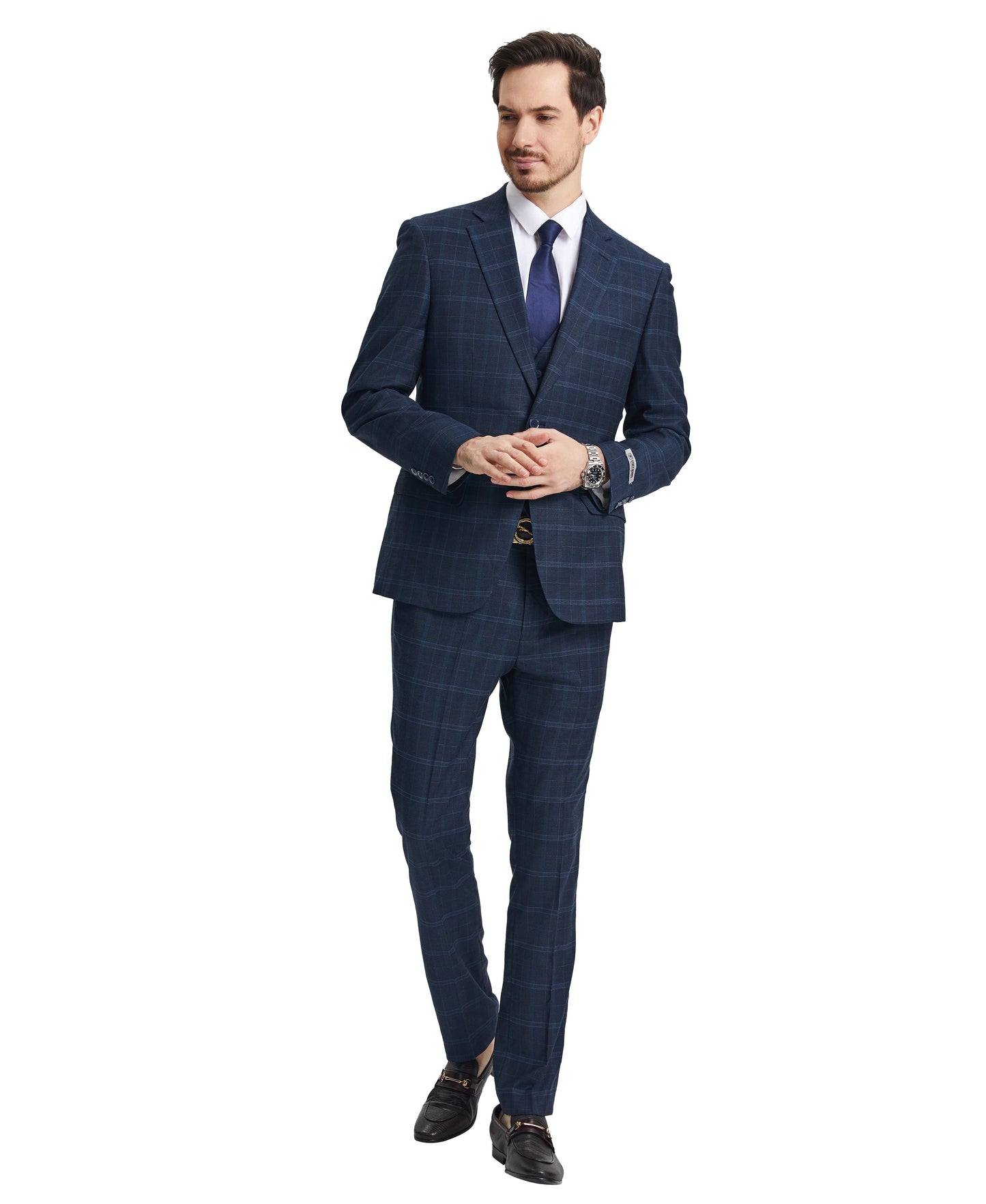 Stacy Adams Hybrid-Fit Vested Suit, Plaid Navy