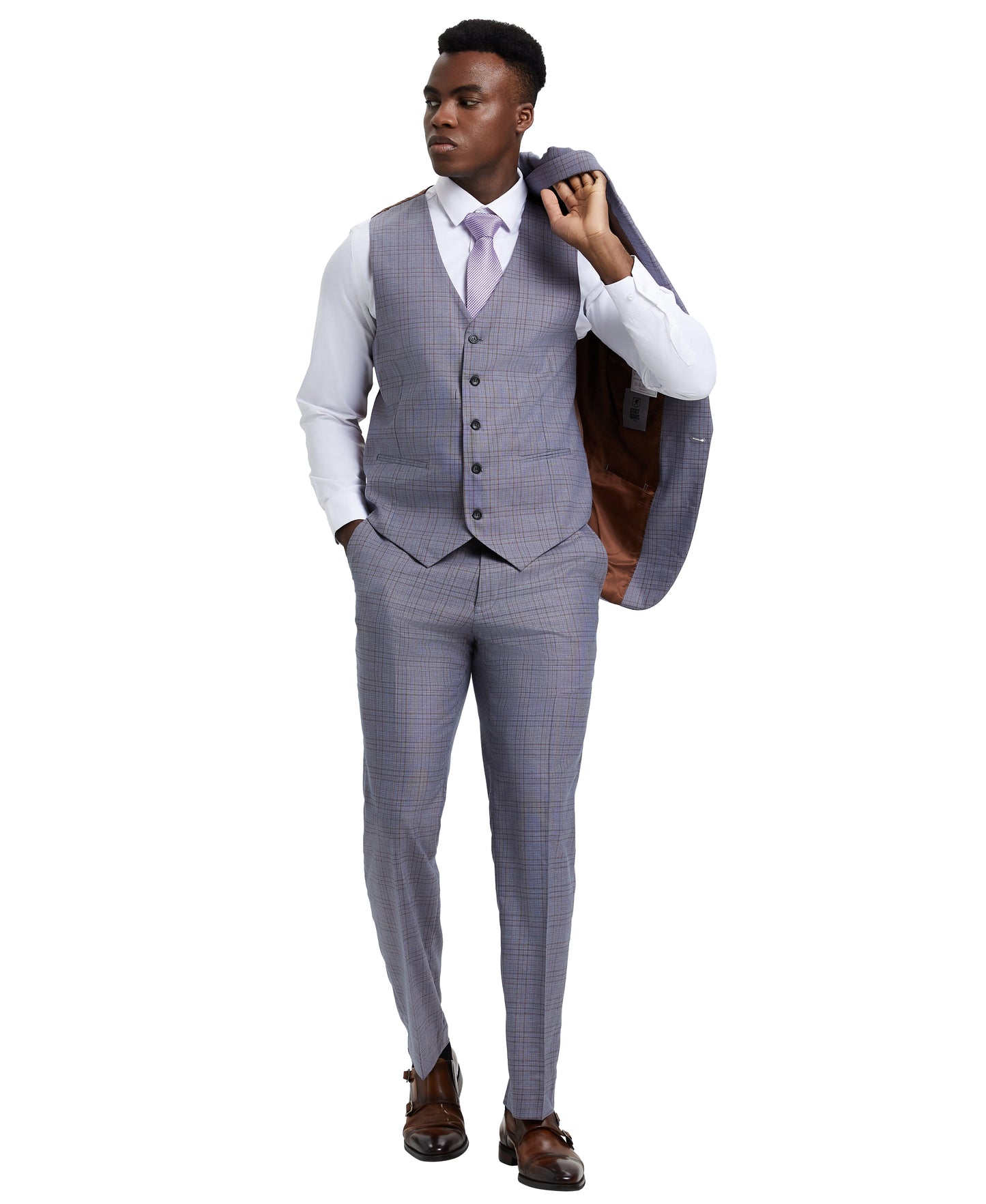 Stacy Adams Hybrid-Fit Vested Suit, Plaid Lilac