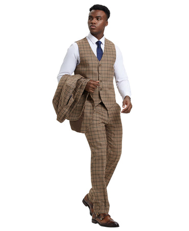 Stacy Adams Hybrid-Fit Vested Suit, Plaid Tan