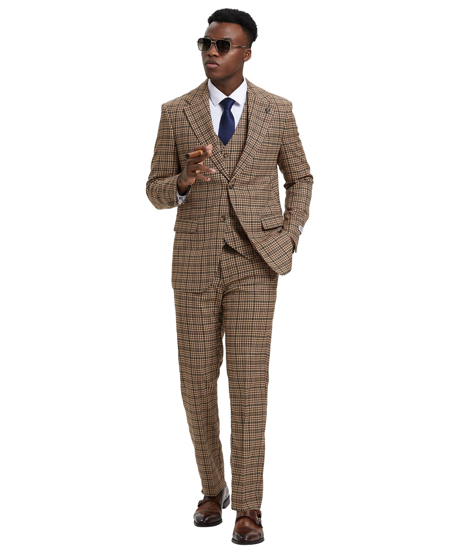 Stacy Adams Hybrid-Fit Vested Suit, Plaid Tan