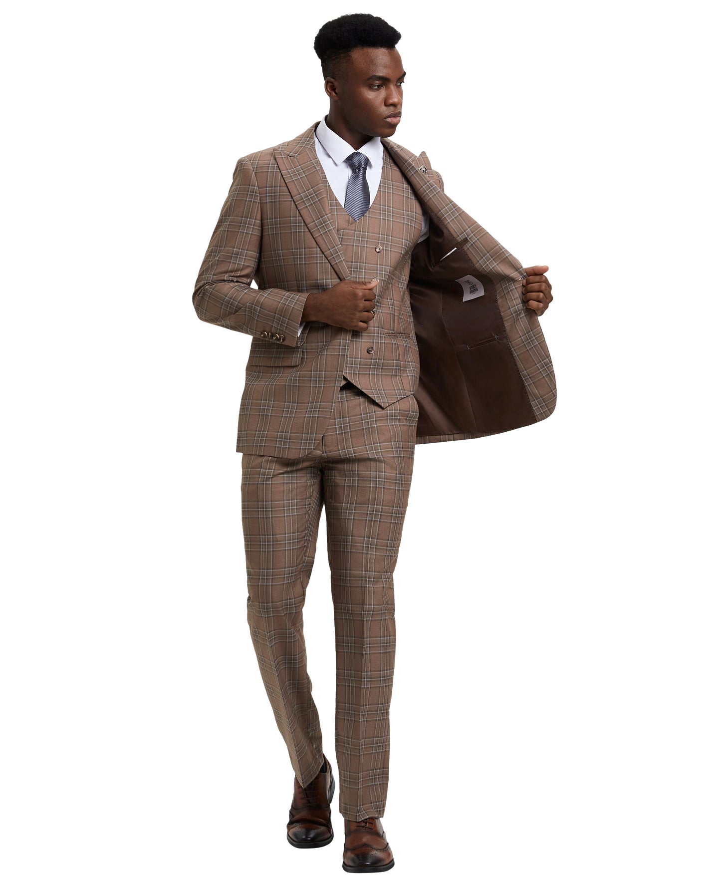 Stacy Adams Hybrid-Fit Double-Breast Vested Suit, Windowpane Brown