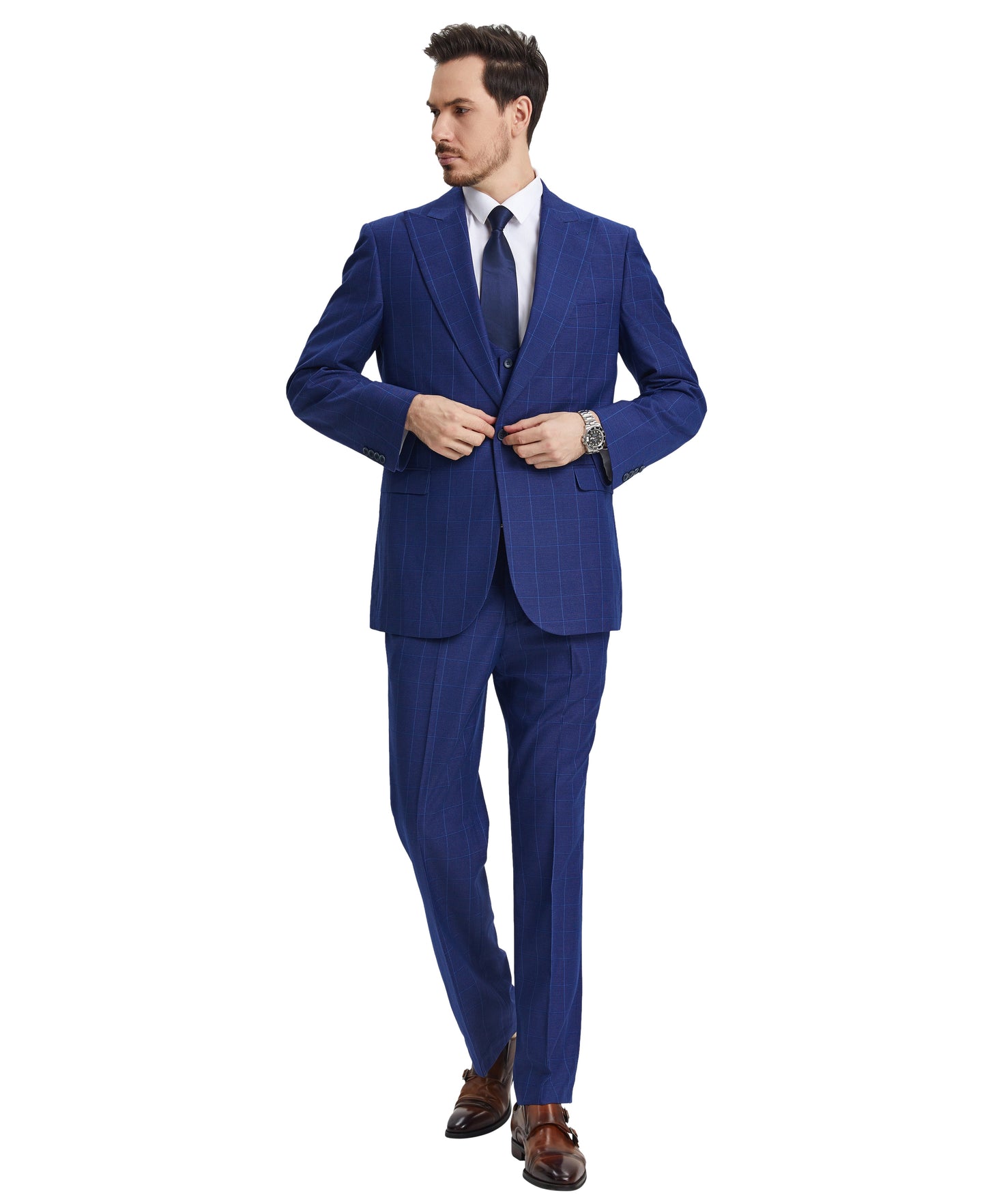 Stacy Adams Hybrid-Fit Vested Suit w/ U-Shaped Vest, Windowpane Royal Blue