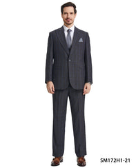 Stacy Adams Hybrid-Fit Vested Suit w/ U-Shaped Vest, Charcoaled Windowpane