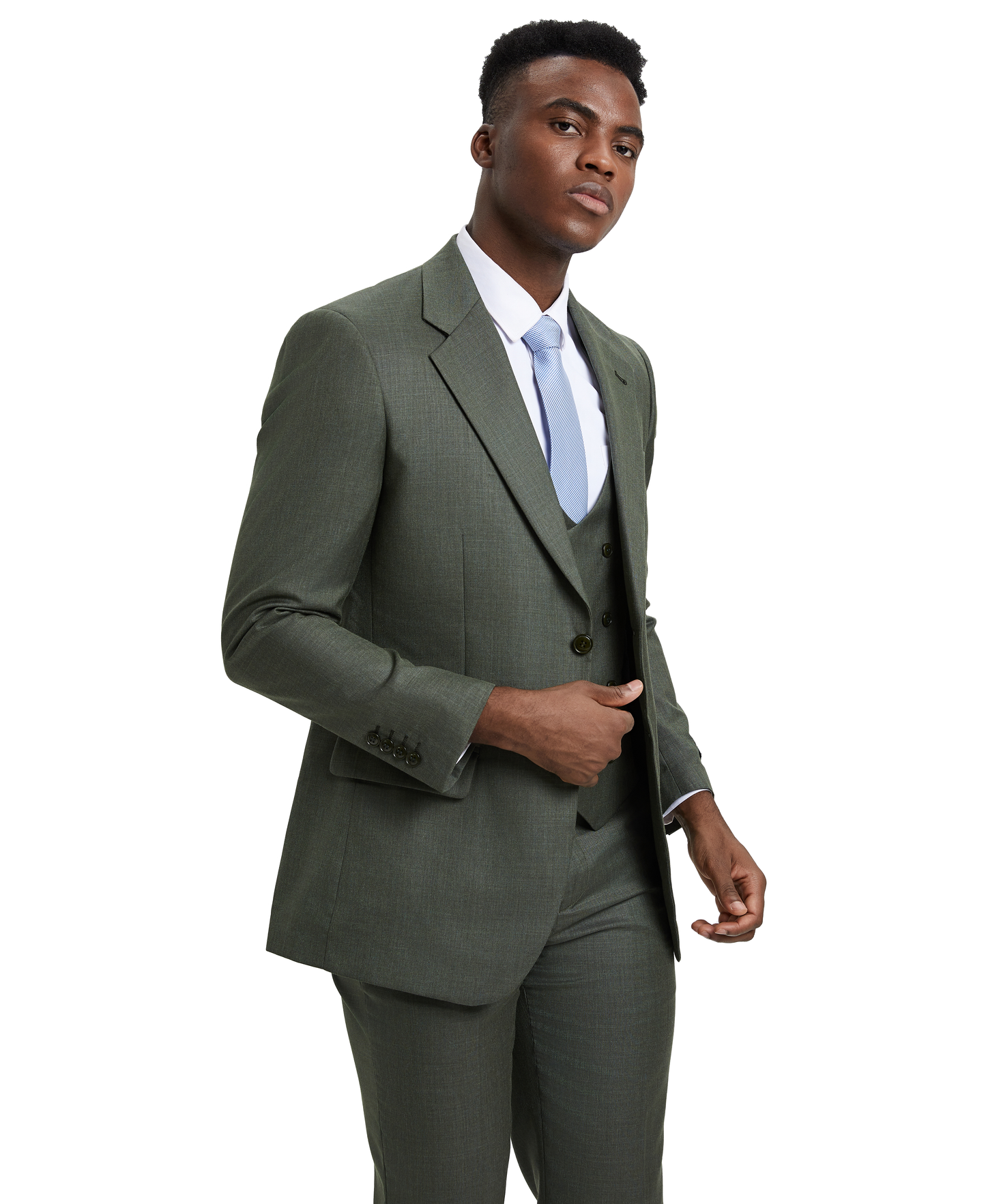 Stacy Adams Hybrid-Fit Textured Suit w/ Double Breasted Vest, Dark Olive