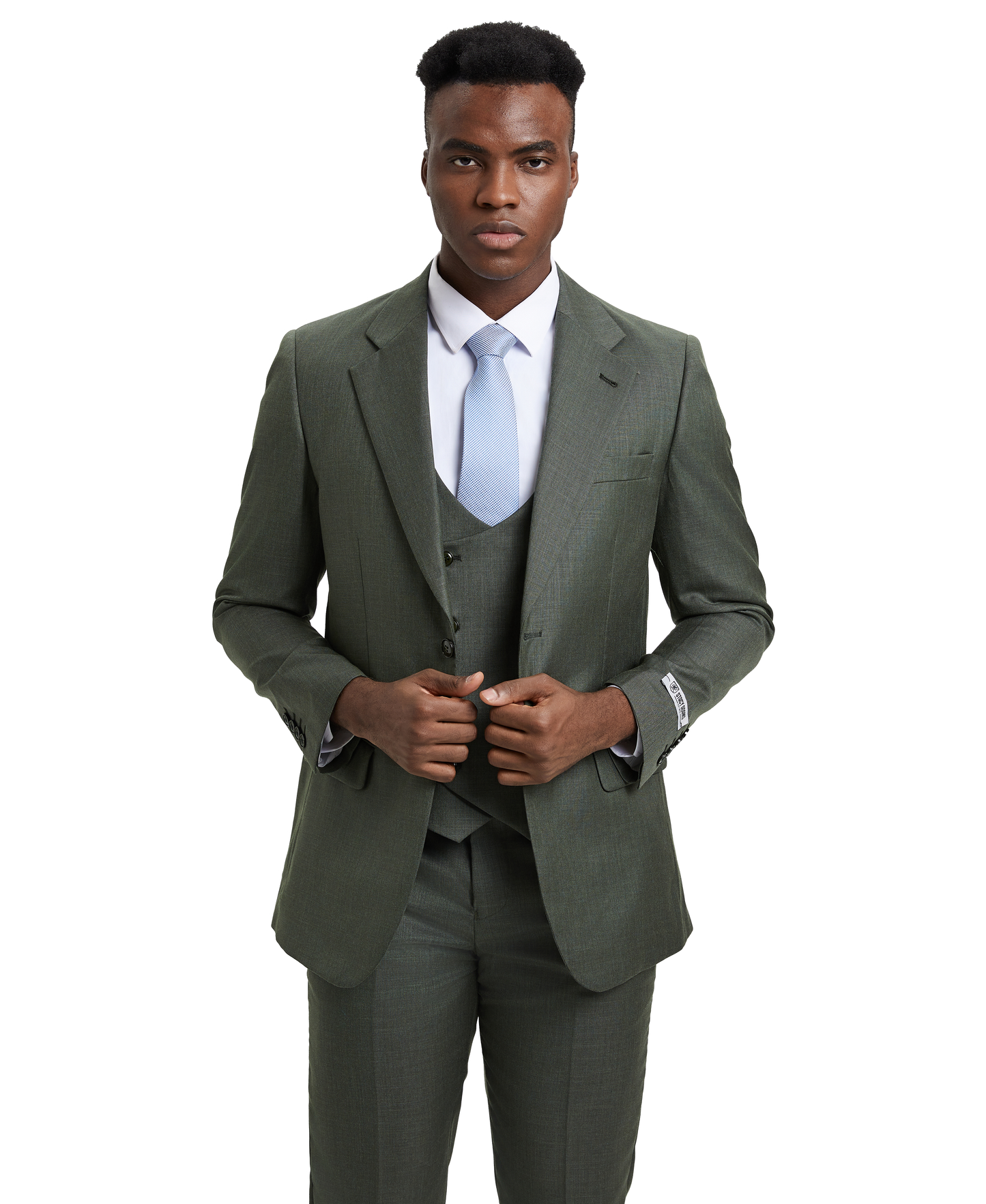 Stacy Adams Hybrid-Fit Textured Suit w/ Double Breasted Vest, Dark Olive