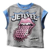 JETLYFE 1-800-help grey sleeveless crop top with distressed details and pink tongue graphic