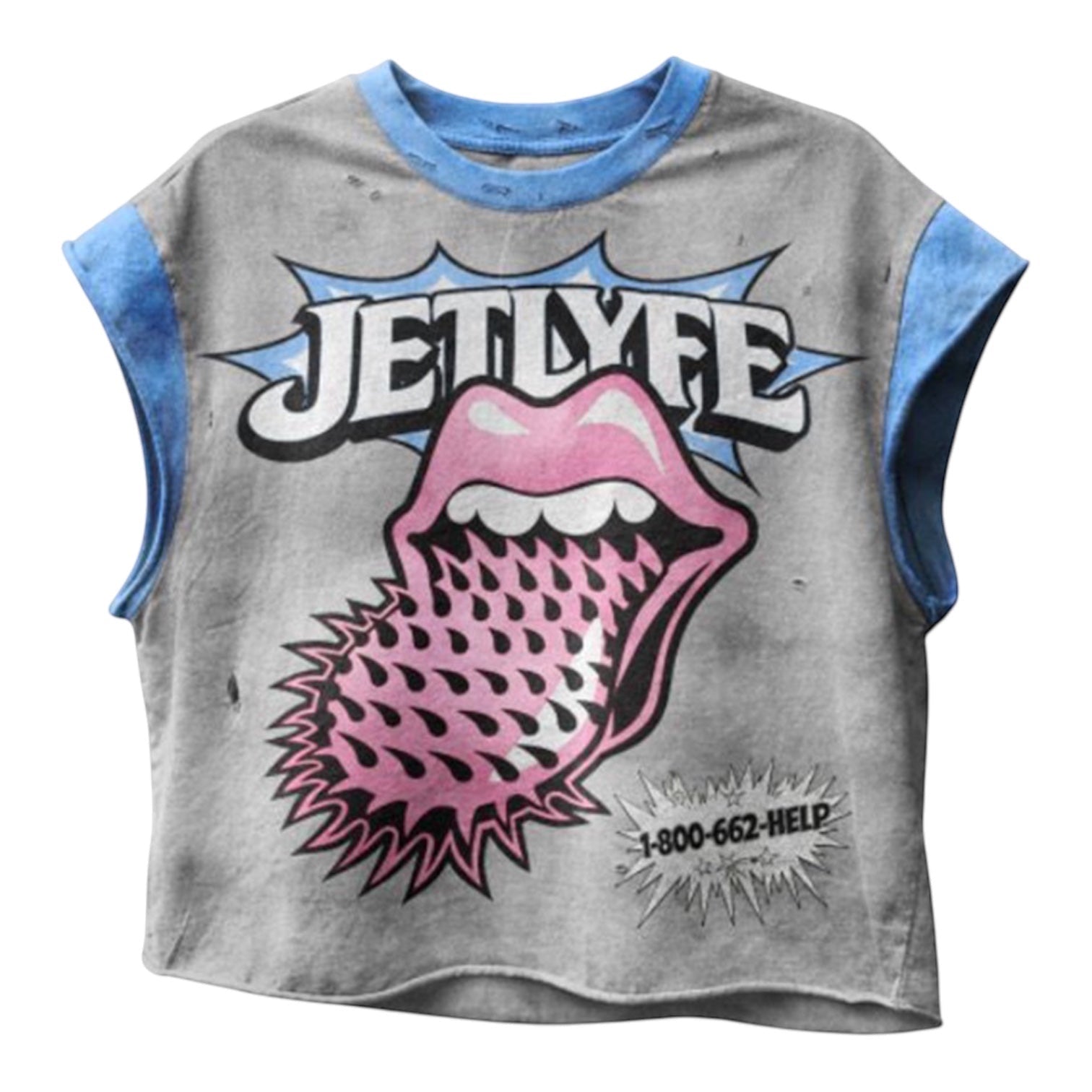 JETLYFE 1-800-help grey sleeveless crop top with distressed details and pink tongue graphic