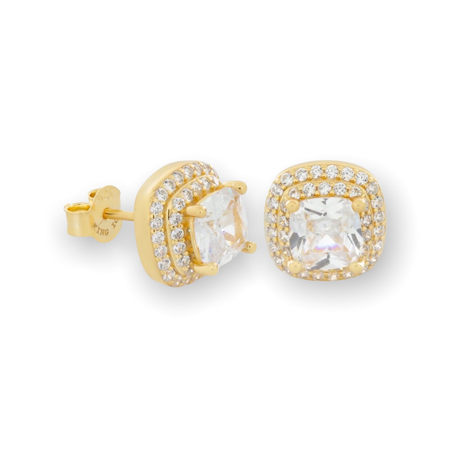 KING ICE: 14K Halo Cushion Cut Stud Earrings
