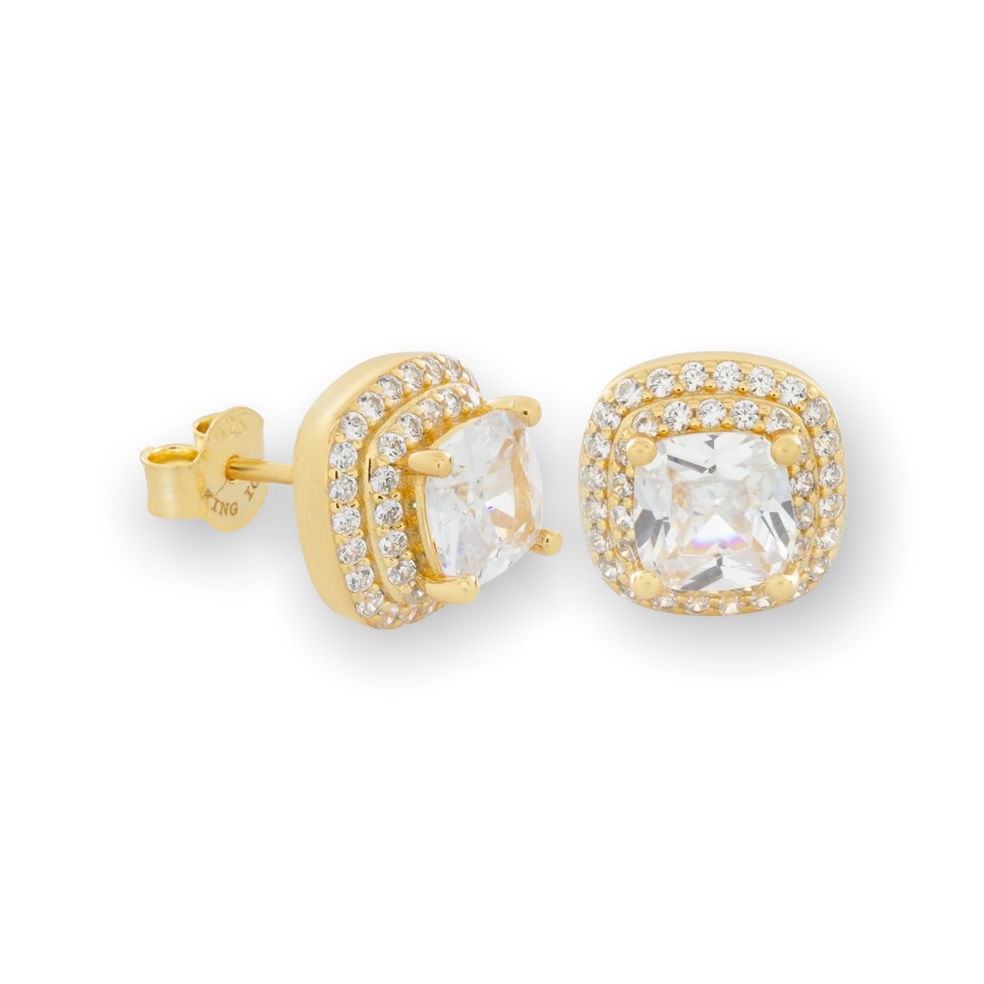 KING ICE: 14K Halo Cushion Cut Stud Earrings